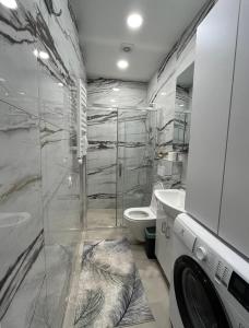 ein Badezimmer mit Waschmaschine und Toilette in der Unterkunft Luxury center in Kaunas