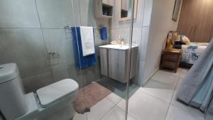 a bathroom with a shower and a toilet and a sink at Granny at Umgeni in Pretoria