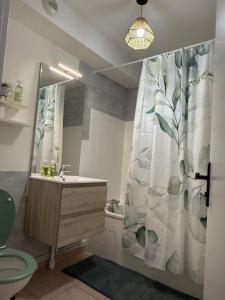 a bathroom with a sink and a shower curtain at Escapade Jurassienne-Terrasse & Sérénité in Lons-le-Saunier