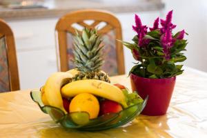 un bol de fruta en una mesa junto a una planta en Apartments "I & I", en Pag