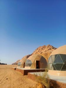 アカバにあるWadi Rum Marcanã campの砂漠に並ぶドーム型テント