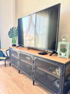 ein großer Flachbildfernseher auf einem Entertainment-Center aus Metall in der Unterkunft Casa Morena in Costa de Antigua + 27 Fotos