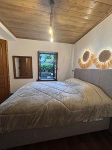 a bedroom with a large bed and a window at Pelion Experience in Zagora
