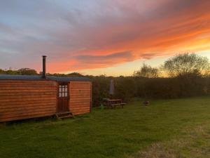 a wooden cabin in a field with a picnic table at Honeysuckle Shepherds Hut at Blean Bees Eco Glamping in Canterbury