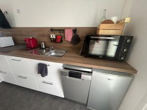 cocina con encimera, microondas y fregadero en Studio Confort à Lapalisse, en Lapalisse