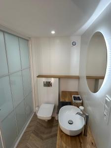 ein Badezimmer mit einem weißen Waschbecken und einer Toilette in der Unterkunft Agroturystyka Polanka 