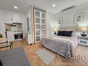 een slaapkamer met een groot bed en een keuken bij Estudio con Wifi y AC en Centro Sol y Gran via in Madrid