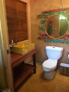 een badkamer met een wit toilet en een wastafel bij Casa Alma, Nature Escape with River, Trails and Views in San Rafael +40 foto's