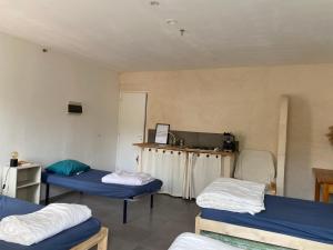 a room with two beds and a kitchen in it at Le Mas Mouth in Montoulieu +4 photos