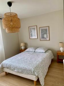 Un dormitorio con una cama y dos cuadros en la pared. en NUIT ET JOUR à Chaumont, en Chaumont