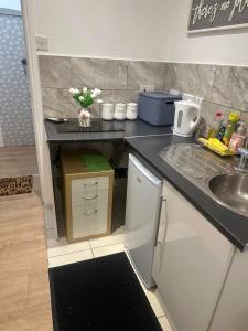 a small kitchen with a sink and a counter top at Comfy stay, Stockwell SW9 in London