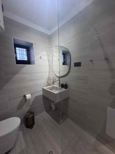 a bathroom with a sink and a glass shower at Pelion Experience in Zagora +8 photos