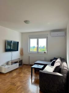 Una sala de estar con un sofá y un televisor de pantalla plana. en Apartman Kalina, en Belgrado