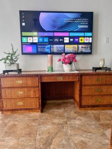 a television on top of a wooden desk with flowers at Daisy'Hause 2 to 6 people, ideal for your family in Carolina