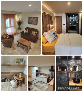 een collage van vier foto's van een hotelkamer bij Appartement design et chaleureux en centre ville in Oyonnax