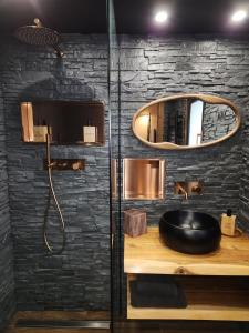 een badkamer met een wastafel en een spiegel bij Appartement design et chaleureux en centre ville in Oyonnax