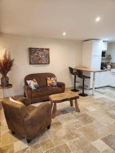 een woonkamer met een bank en een tafel bij Appartement design et chaleureux en centre ville in Oyonnax