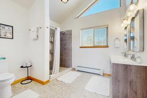 a bathroom with a shower and a toilet and a sink at Riverfront Lodge in Pagosa Springs +27 photos