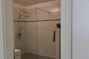 a bathroom with a shower with a glass door at Inselblume 16 - Ferienwohnung mit Meerblick in der Strandburg B2.6 in Burgtiefe auf Fehmarn  +24 photos
