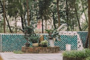 a swimming pool with potted plants in a park at V-Eco Nest in Thạch Cầu