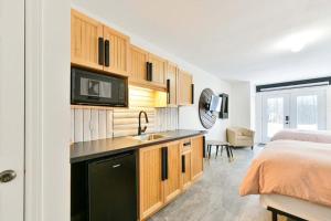 eine Küche mit Spüle und ein Bett in einem Zimmer in der Unterkunft Domaine Des Montagnais - Suite Astro 1 in Notre-Dame-Des-Bois