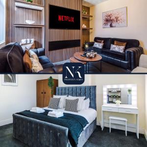 a living room with a bed and a couch at Stylish & Delightful 3BD Family Home - Near Coop Live & Etihad Stadium - Free Parking - Unlimited high speed WiFi in Manchester