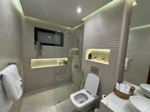 a bathroom with a toilet and a sink and a tv at Charming Apartment - Near Cairo Airport in Cairo