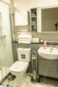 une salle de bains avec toilettes et lavabo dans l'établissement Modern, Luxury 3BR near Airport, PS4 Fast Wi-fi, Workstation, à ULN