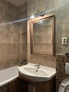 a bathroom with a sink and a tub and a mirror at Szántó Prime Residence in Szolnok