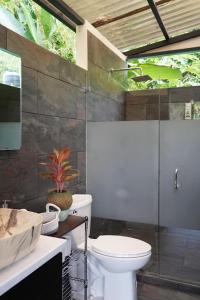 a bathroom with a toilet and a glass shower at Osaglamping in Palmar Norte