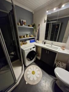 a bathroom with a sink and a washing machine at Leilighet sentralt i Tromsdalen in Trondalen +41 photos