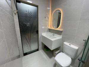 a bathroom with a toilet and a sink and a shower at Belíssimo Estudio Stella Maris in Andradina +16 photos