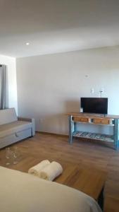 une chambre avec un lit et une table avec une télévision dans l'établissement Pousada do amor, à São Miguel do Gostoso