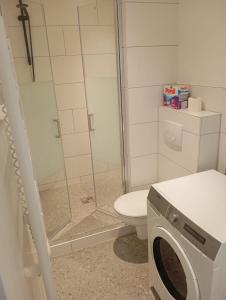 a bathroom with a shower and a toilet and a washing machine at Teuchern in Teuchern