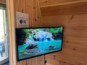 Un televisor de pantalla plana colgado en una pared en The Hobbit tiny house dogfriendly, en Saint-Alexis-des-Monts