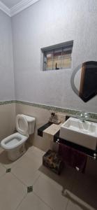 a bathroom with a toilet and a sink and a mirror at Casa da Rosa in Goiânia +31 photos