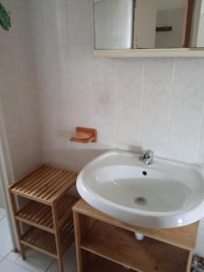 a bathroom with a white sink and a mirror at Les jardins de VALENTIN in Le Gosier