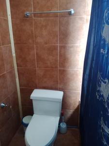ein Bad mit einem WC und einem blauen Duschvorhang in der Unterkunft Cabaña en Playa Totoralillo in Totoralillo + 3 Fotos