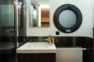 a bathroom with a sink and a mirror at Houseboat Pałuki in Sobiejuchy