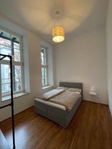 Un dormitorio con una cama y una lámpara de araña. en Wohlfühlen in perfekter Lage, en Dresden