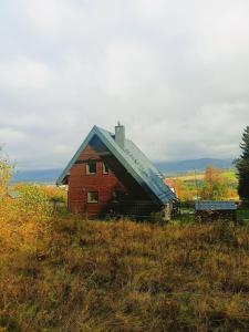 a red barn with a blue roof on a field at Domek w górach Łubinowa 6 in Międzylesie