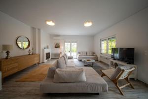 a living room with a couch and a tv at Olive Grove Retreat in Mytilini