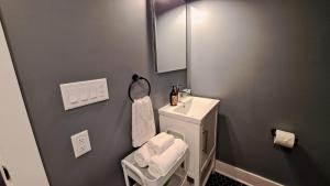 um banheiro com uma pia e um espelho em Towering Oaks Cottage em Union Pier mais 26 fotografias