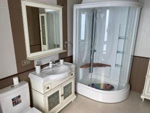 a bathroom with a shower and a sink and a mirror at Коттедж - Вилла in Chok-Tal +19 photos