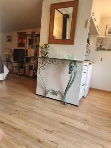 een kamer met een aanrecht met een spiegel aan de muur bij le Jardin in Dinard +7 foto's