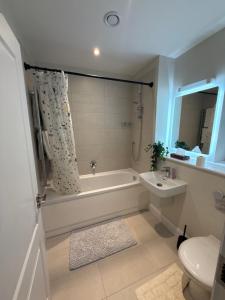 a bathroom with a tub and a toilet and a sink at Birch view getaway in Dunshaughlin