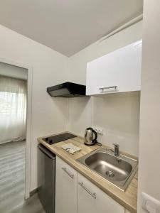 een kleine keuken met een spoelbak en een fornuis bij Cozy studio in calm in Mandelieu-la-Napoule