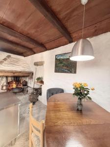 a dining room with a table and a fireplace at Humac Vero Apartments in Donji Humac