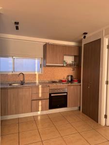 eine Küche mit Holzschränken und einer Spüle in der Unterkunft Moderno Departamento 1 h 1 b, Excelente Ubicación in Iquique