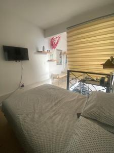 Giường trong phòng chung tại Departamento cerca del Parque Mitras Poniente García